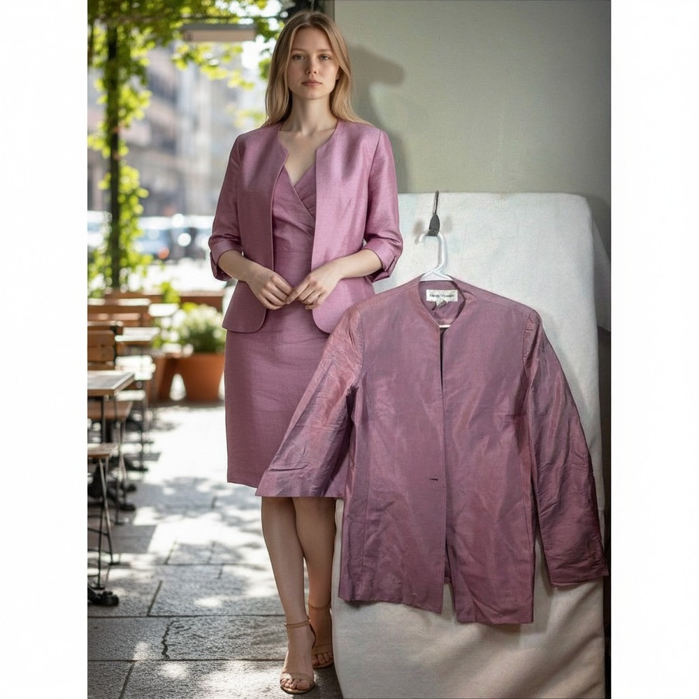 Rena Rowan Silk Dress Suit Set Womens 10 Pink Excellent Shantung Sheath Blazer